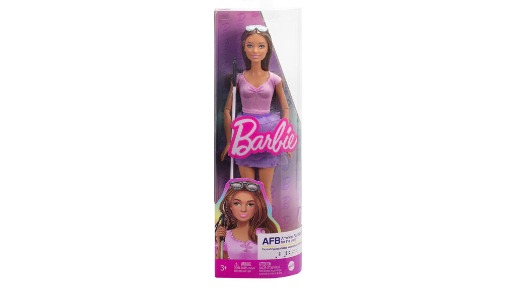 Hier ist die erste blinde Barbie-Puppe und die schwarze Barbie-Puppe mit Down-Syndrom
