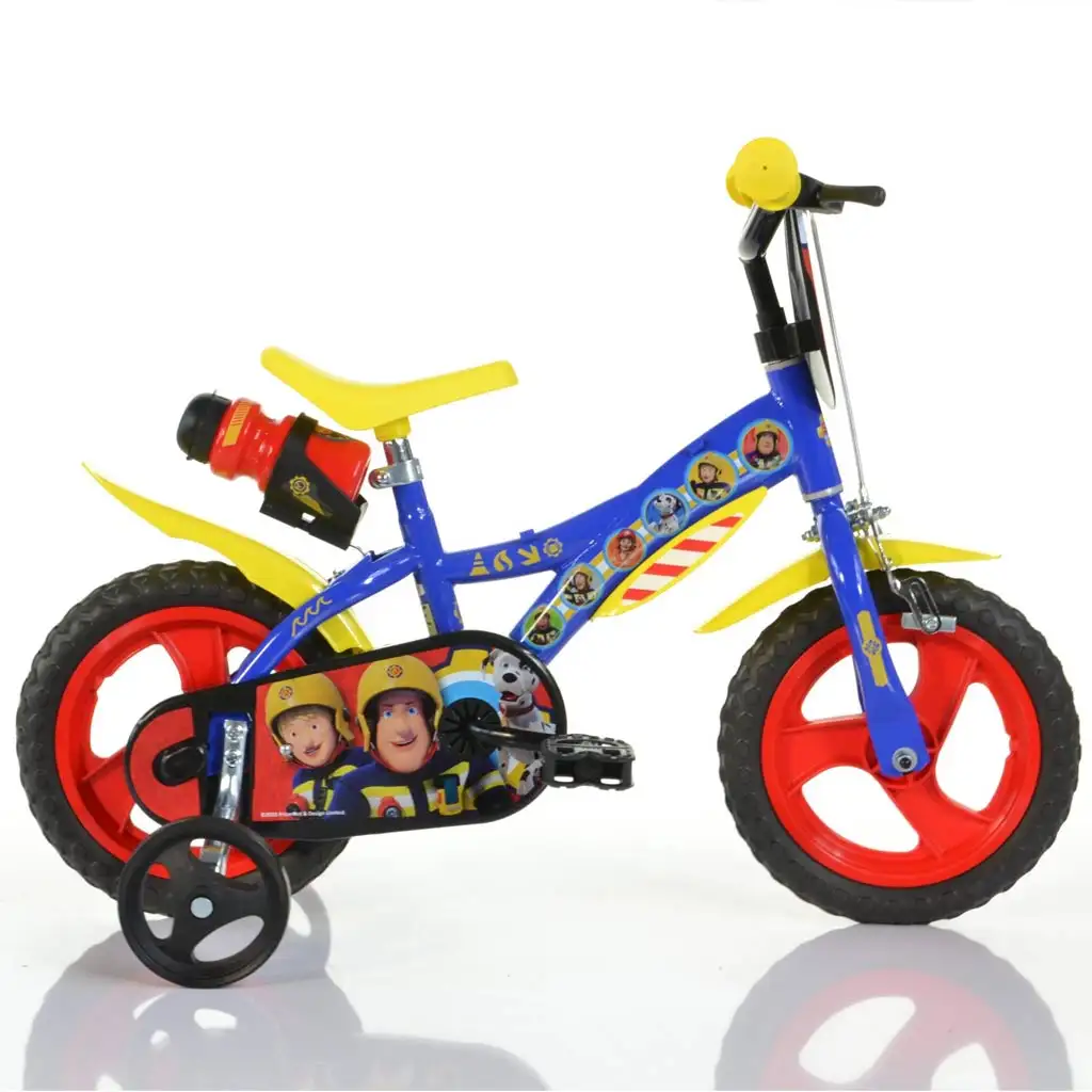 „Sam, der Feuerwehrmann” 12-Zoll-Kinderfahrrad mit Flaschenhalter und Stützrädern in Blau-Gelb – Dino Bikes Fahrrad