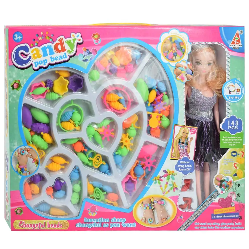 Candy PopBead: 143db-os Ékszerkészítő gyöngyszett babával, színes gyöngyökkel, gyűrűkkel és kiegészítő elemekkel kép 1