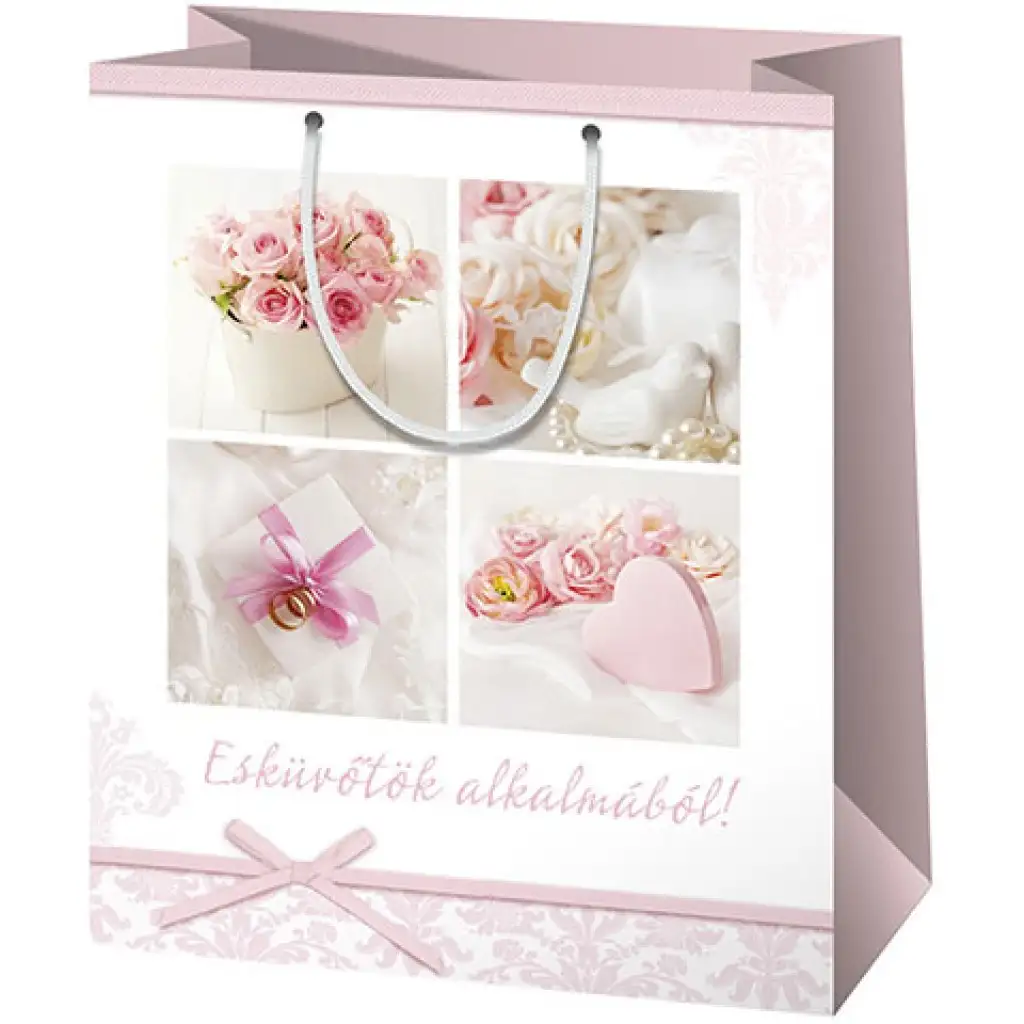 Esküvőtök alkalmából! felirattal díszített nagy méretű ajándéktáska 27x14x33cm kép 1