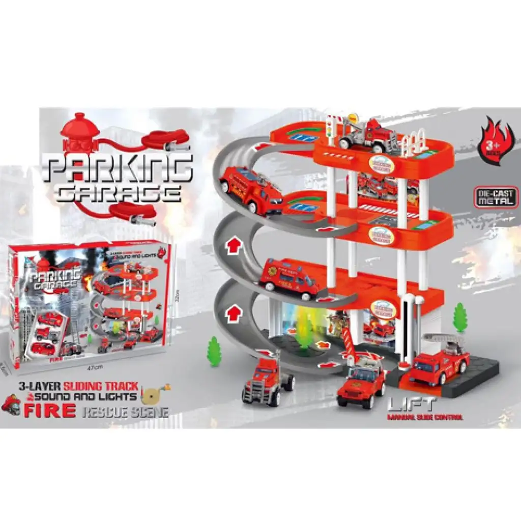 3-stöckiges Parkhaus mit Feuerwehrautos, Licht und Ton