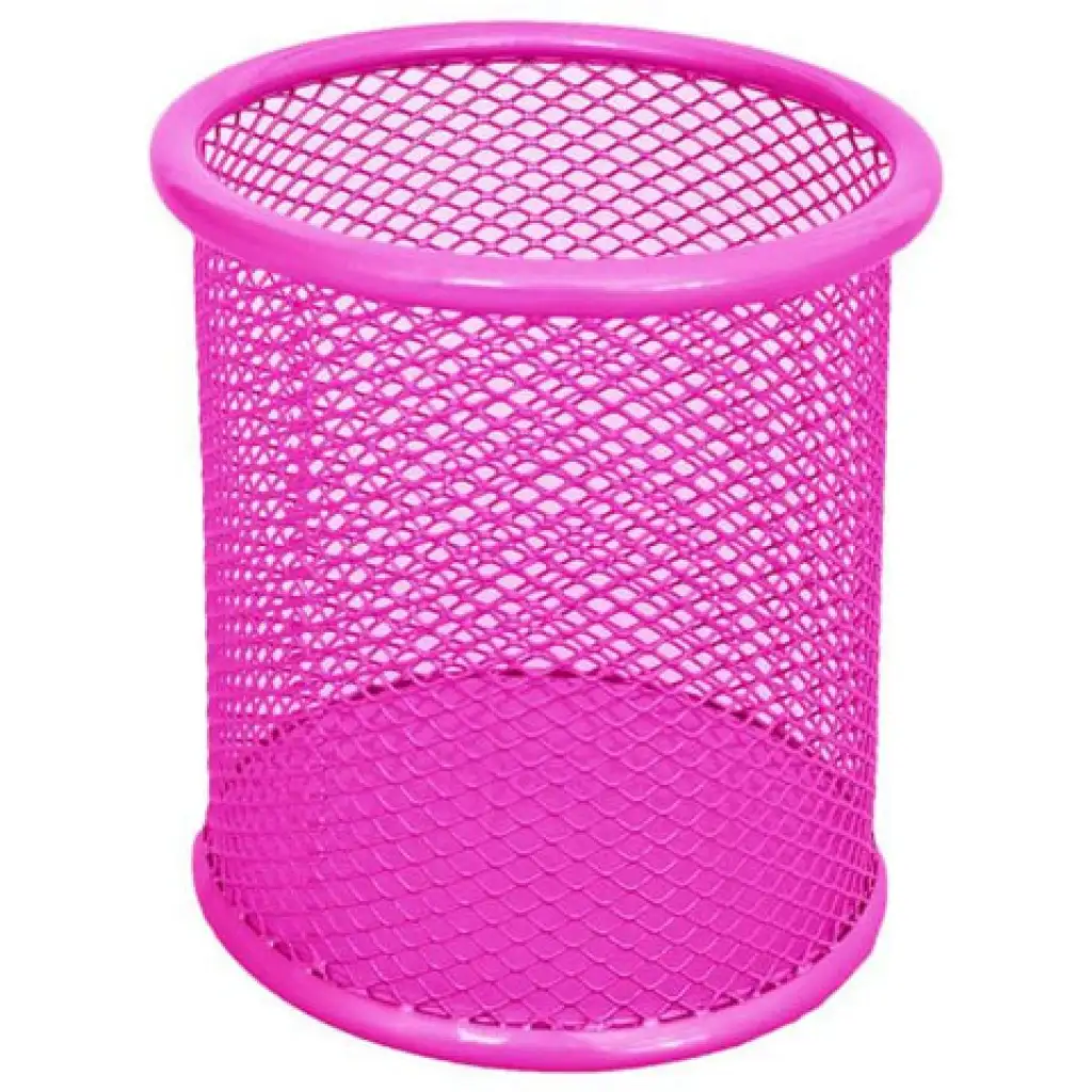 Spirit: Zylindrischer Stiftehalter aus neonpinker Metallgitter.