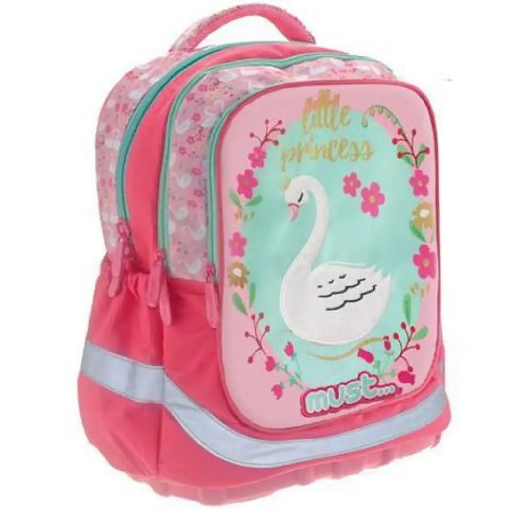 Must: Rózsaszín hattyús ergonomikus háromrekeszes iskolatáska, hátizsák 30x16x42cm kép 1
