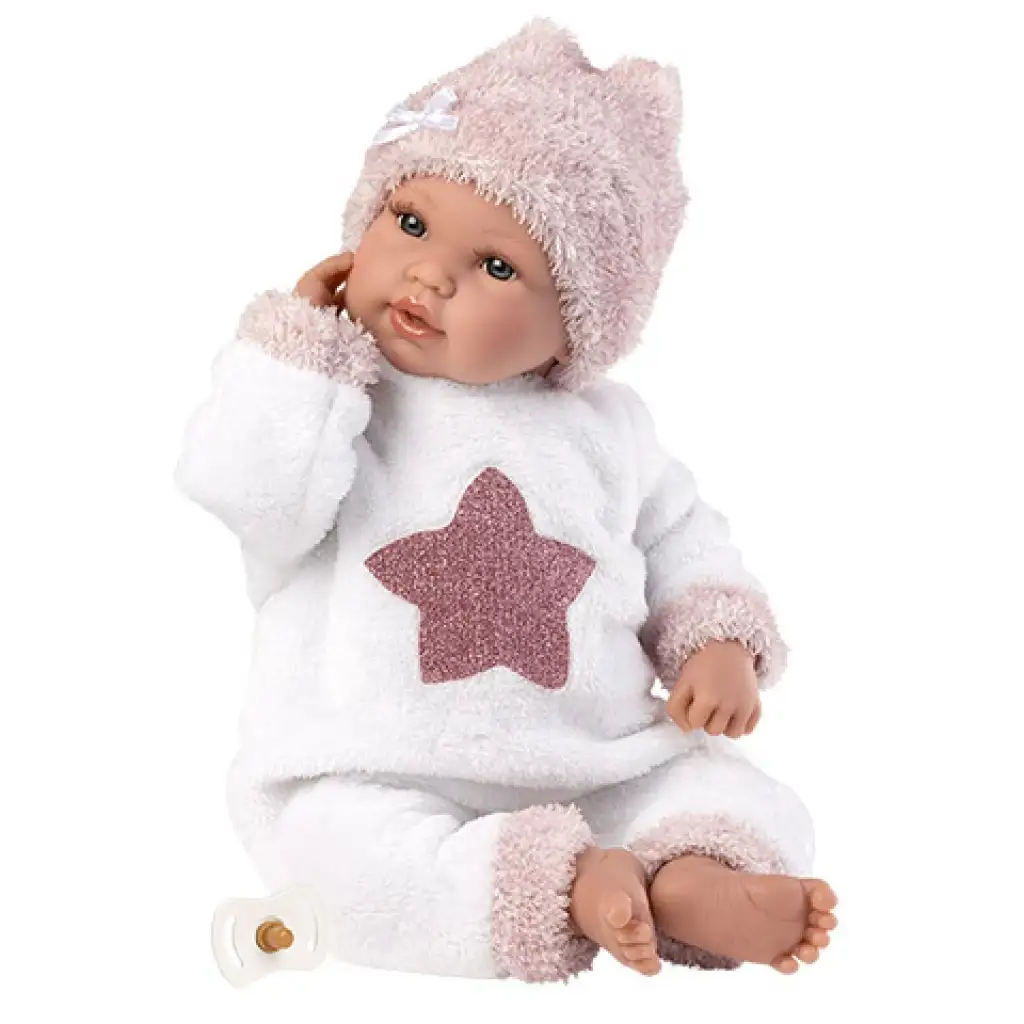 Llorens: Neugeborenes weinendes Mädchenpuppe in plüschigem Pyjama mit Sternenmuster 36cm kép 2