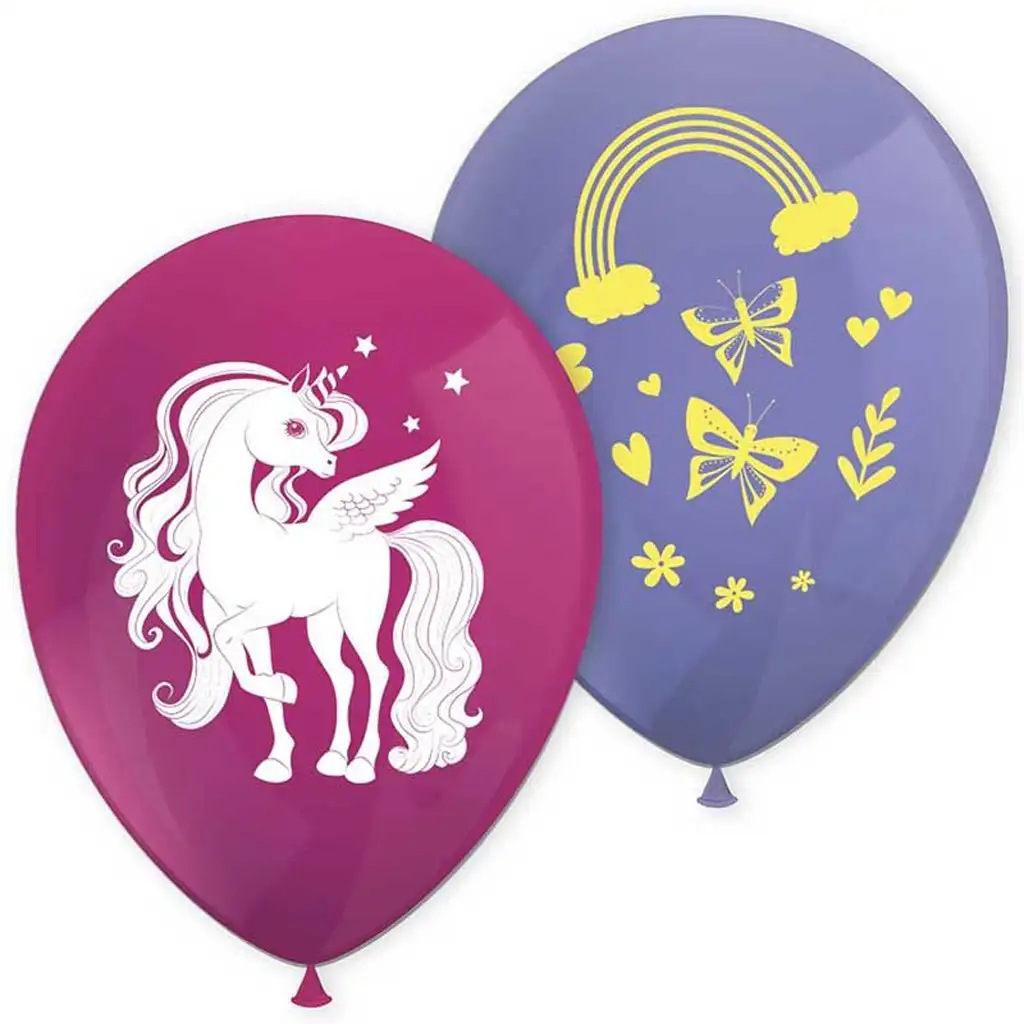 8-teiliges Set von lila-rosa Luftballons mit Regenbogen-Einhornmuster