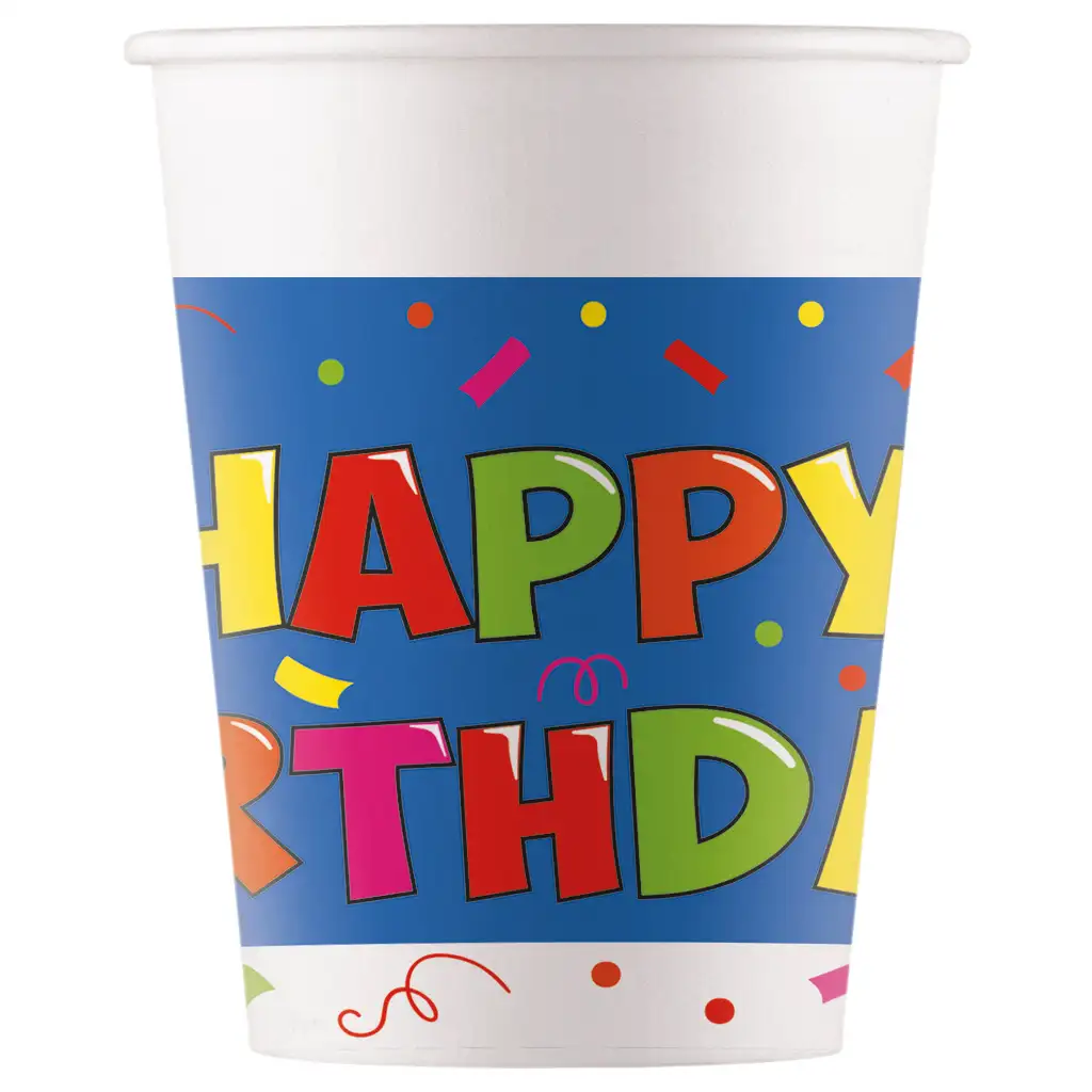 8er-Set Pappbecher mit "Happy Birthday"-Aufschrift auf blau-weißem Hintergrund, 200 ml