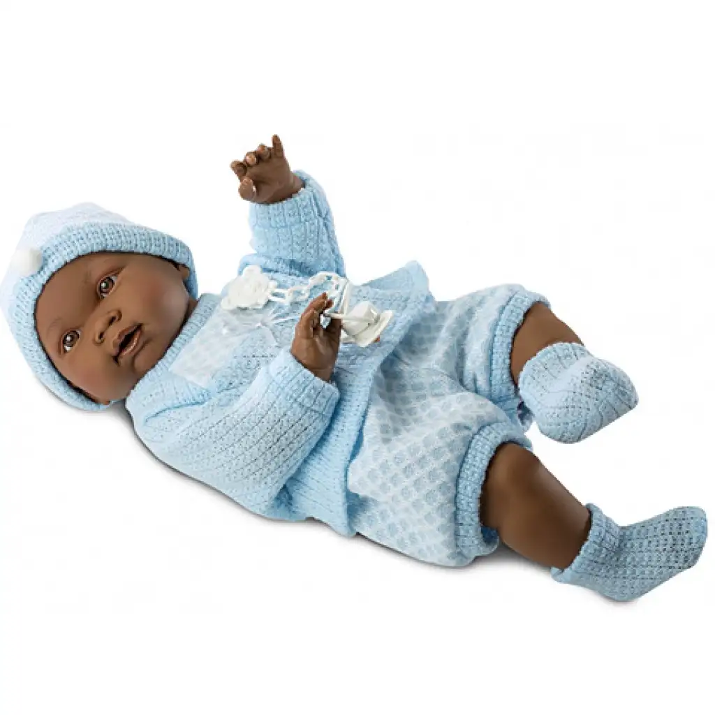 Afroamerikanisches Baby in blauer Kleidung, 45 cm groß