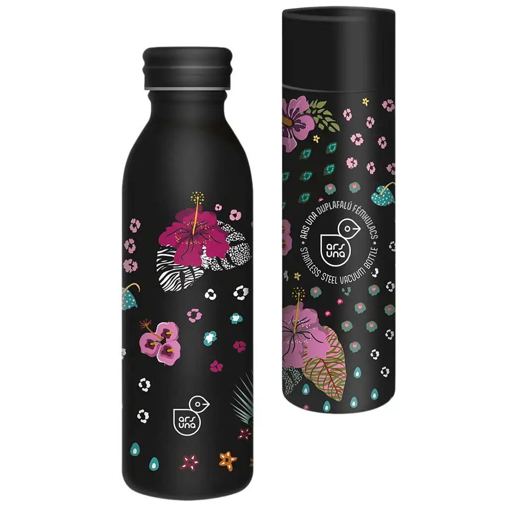 Ars Una: Black Hibiscus doppelwandige Metallflasche in Geschenkbox 600ml