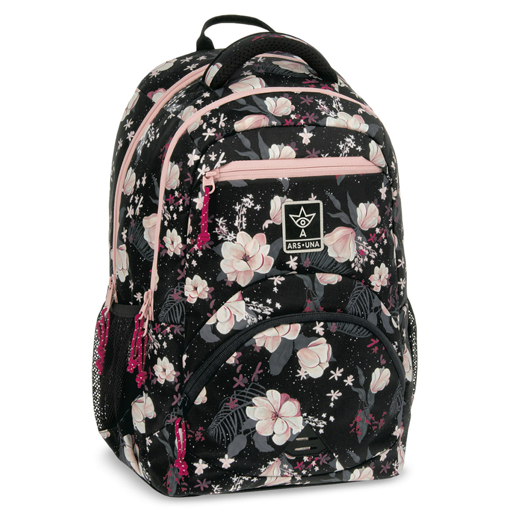 Ars Una: Flowery Black blumiger ergonomischer Schulranzen, Rucksack 33x45x24cm