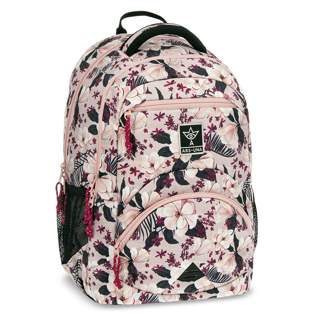 Ars Una: Flowery Pink blumiger ergonomischer Schulranzen, Rucksack 33x45x24cm