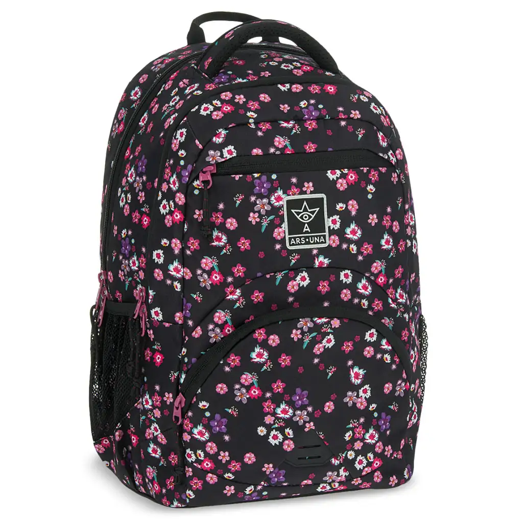 Ars Una: Pearl Blossom Black blumiger ergonomischer Schulranzen, Rucksack 33x45x24cm