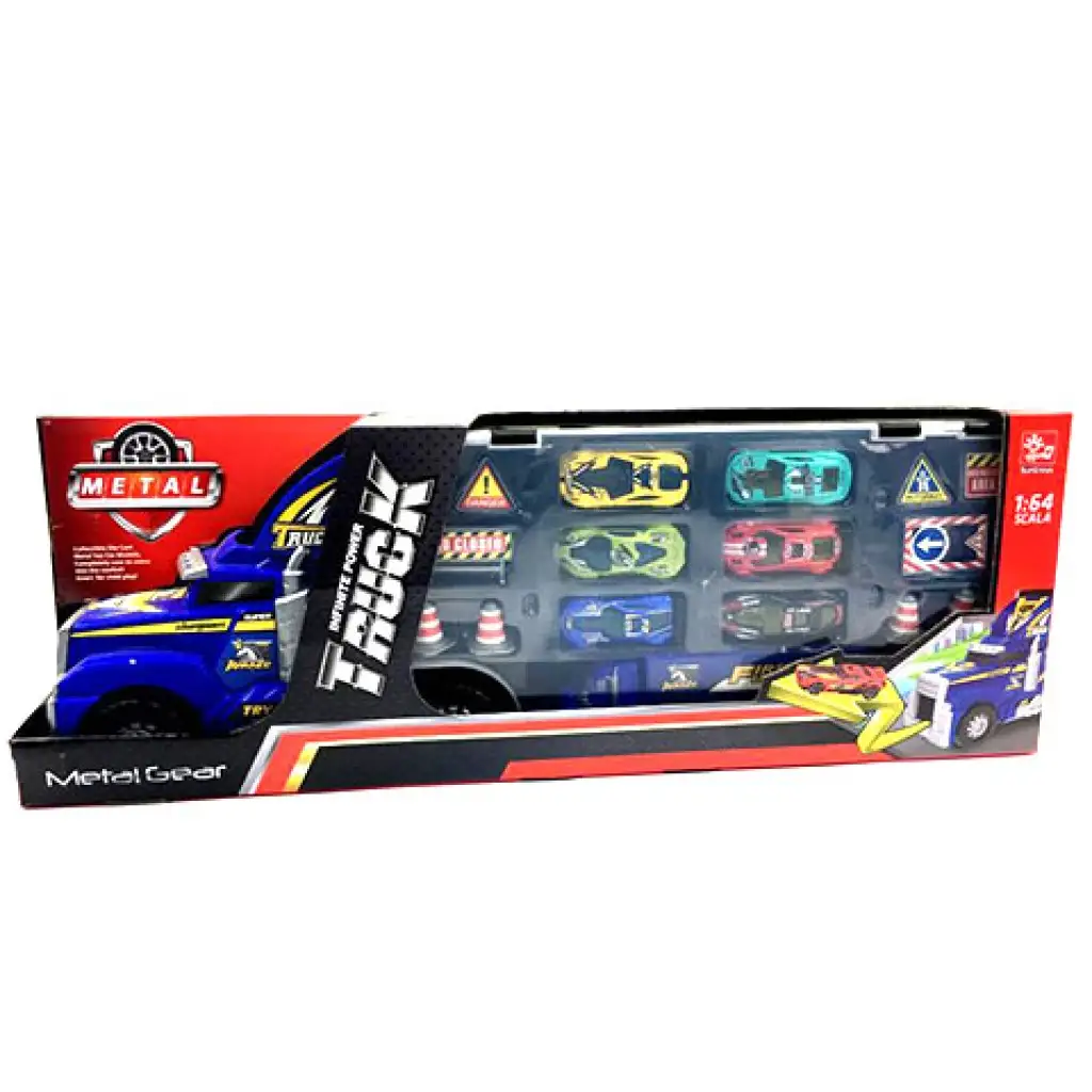 Autotransporter-LKW mit kleinen Autos und Schildern