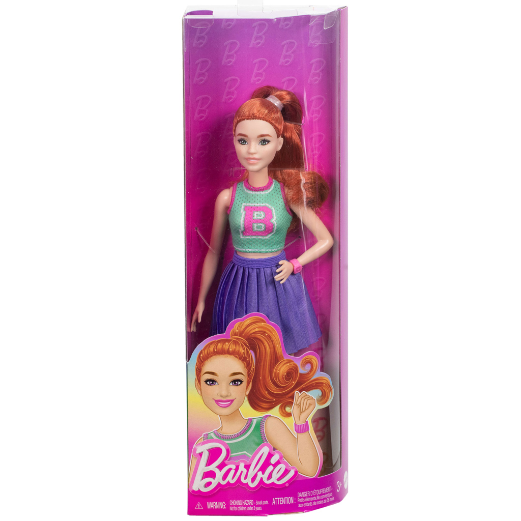 Barbie Fashionista stilvolle Puppe mit roten Haaren im lila Rock – Mattel