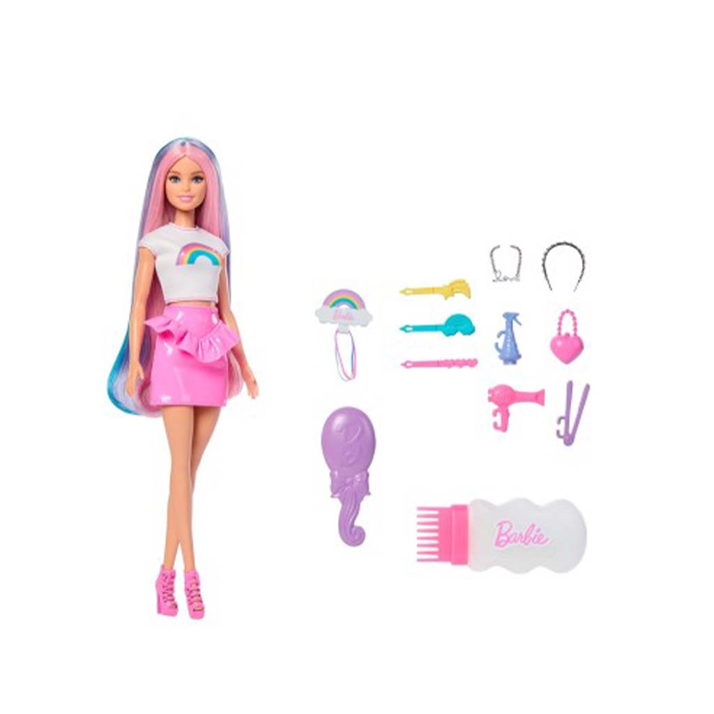 Barbie: Glänzende Regenbogenhaar-Puppe mit Zubehör – Mattel kép 2