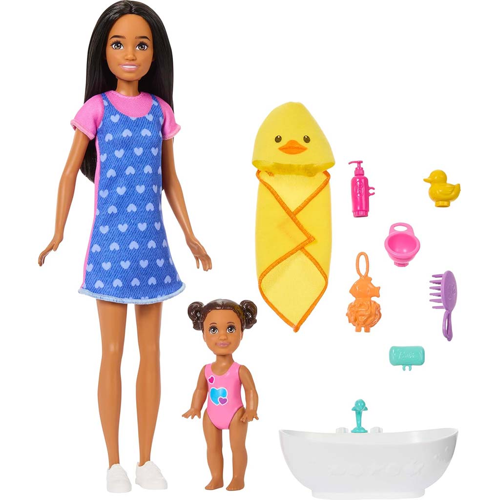 Barbie-Puppe im herzchenverzierten Kleid Babysitter-Spielset – Mattel kép 2