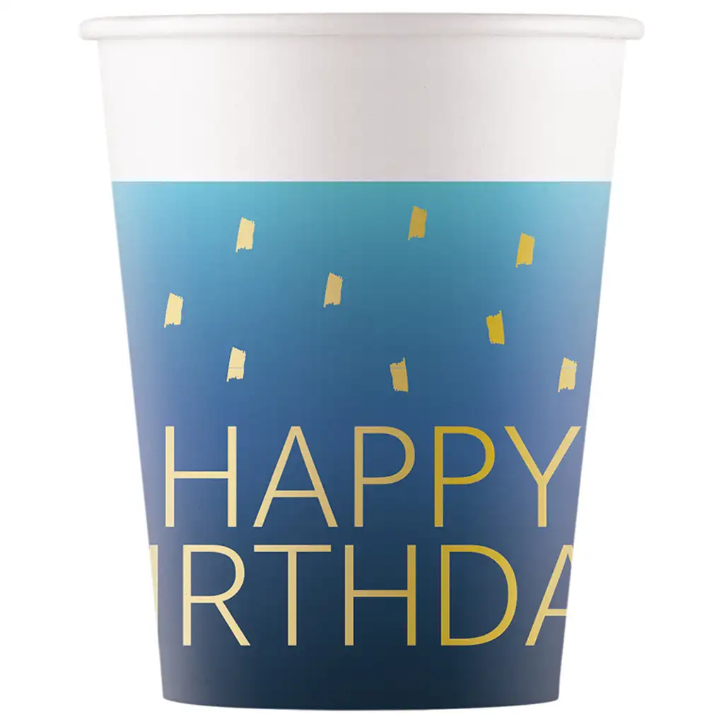 Blaues "Happy Birthday" Pappbecher-Set mit 8 Stück, 200 ml