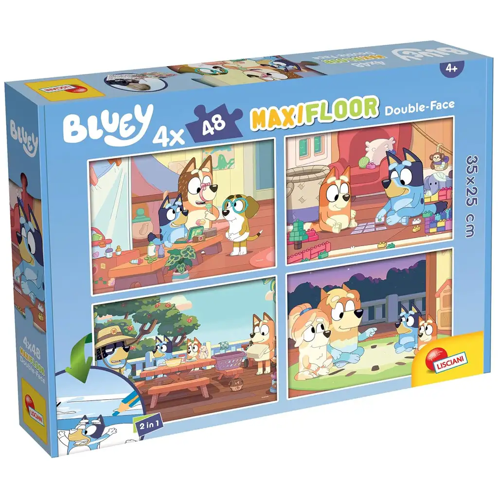 Bluey und Freunde 2-in-1 Maxi-Bodenpuzzle mit 4x48 Teilen und Ausmalbild 35x25cm – Lisciani