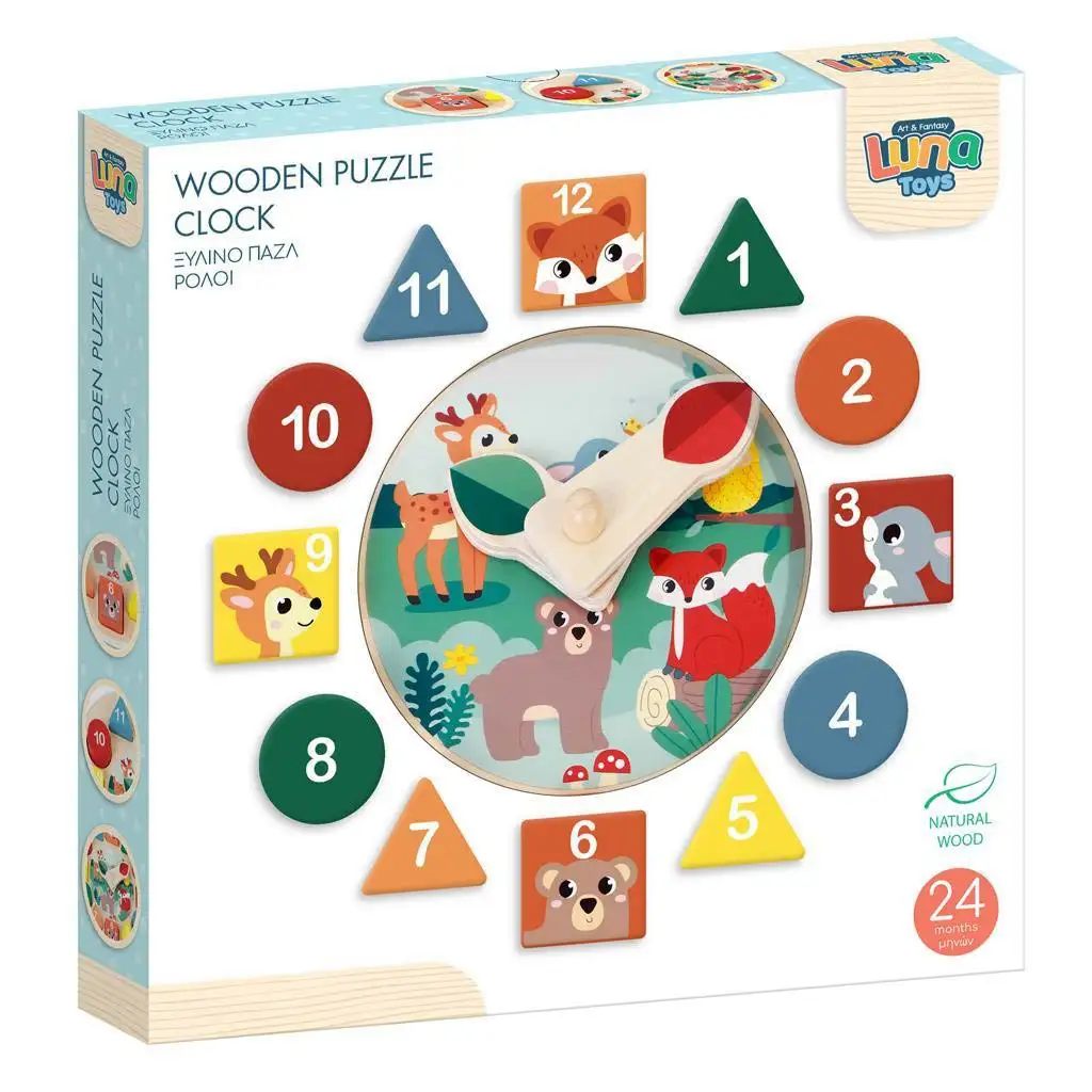 Bunte Holzform-Puzzle-Uhr, 12-teiliges Geschicklichkeitsspiel.