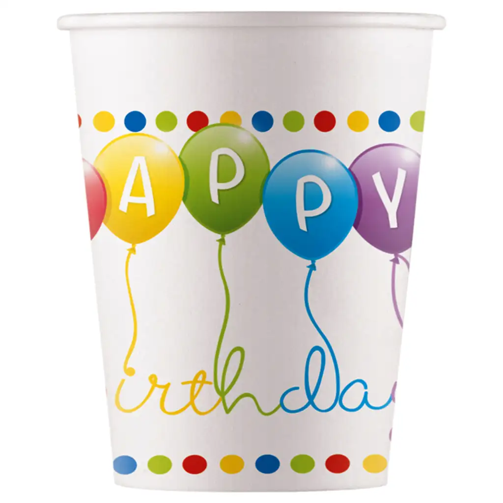 Bunte Luftballon-Geburtstagspappbecher mit "Happy Birthday"-Aufschrift, 200 ml, 8er-Set