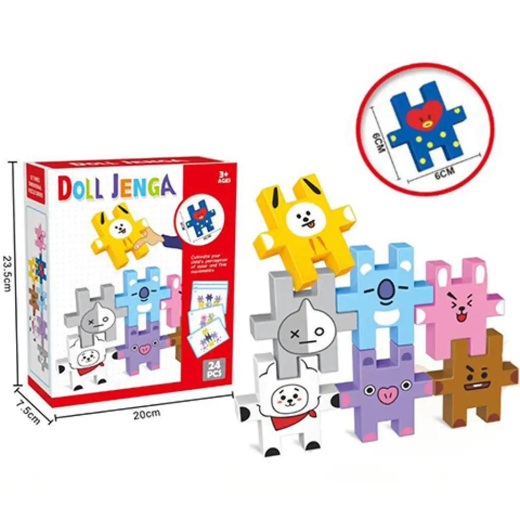 Buntes Jenga 24-teiliges Tierpuzzle mit 6 cm großen Elementen