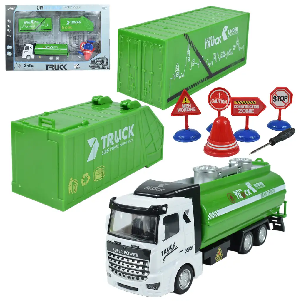 City Truck: Umwandelbarer Schwungrad-Müllwagen mit Verkehrsschildern 19cm