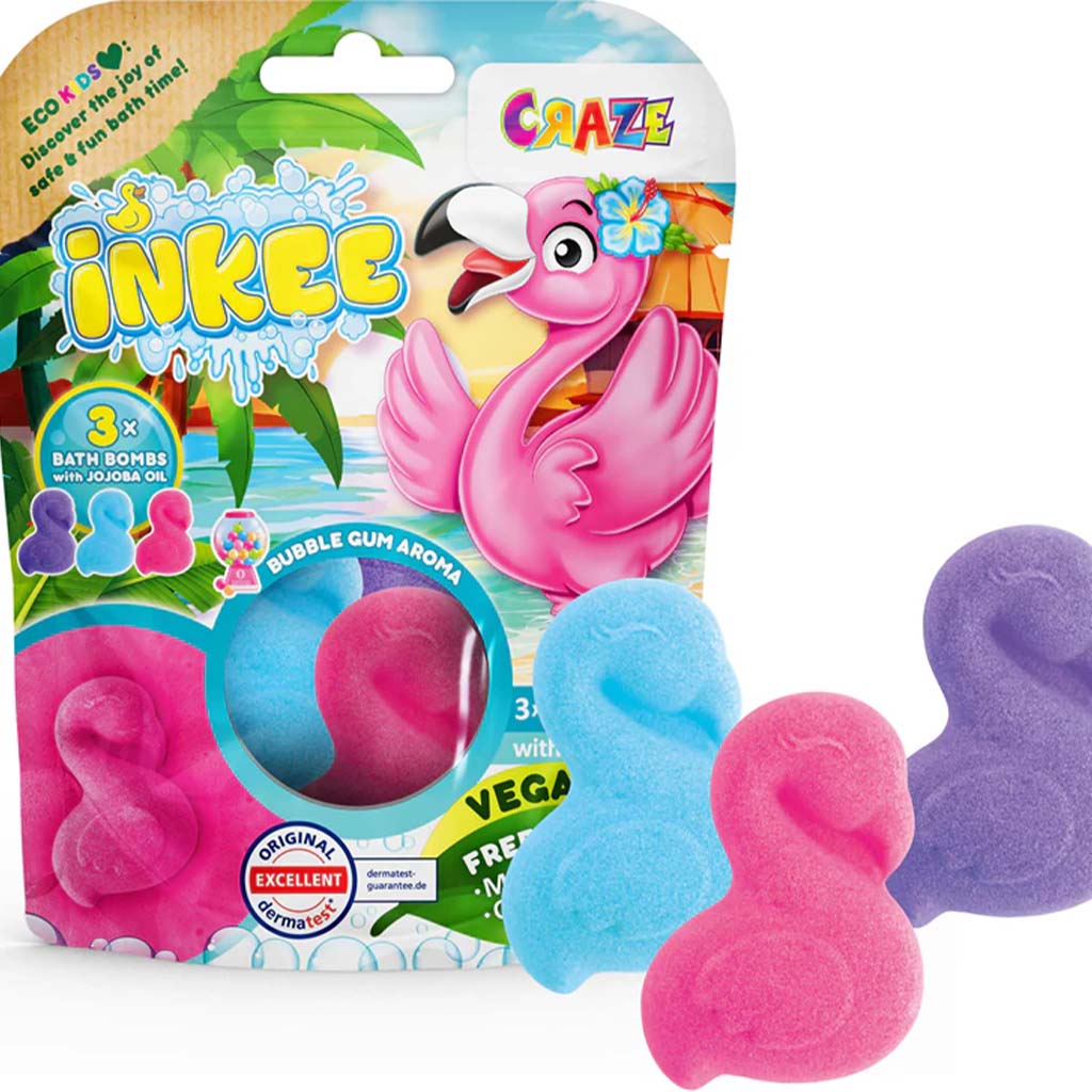 Craze Inkee: Flamingo vegane Badebombe 3er-Pack mit Kaugummiduft