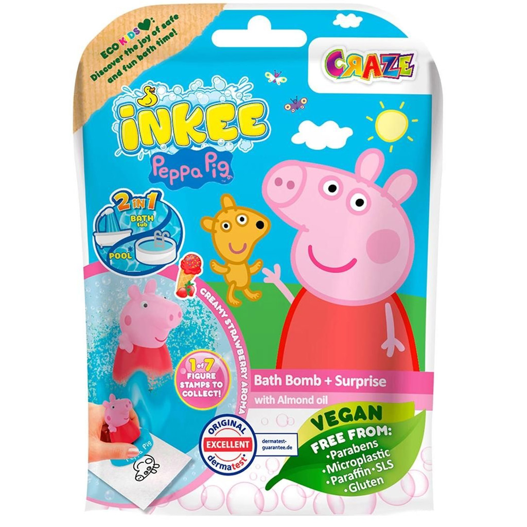 Craze Inkee: Veganes Badebomben-Set mit Peppa Wutz Stempel-Figur – Mit Erdbeerduft