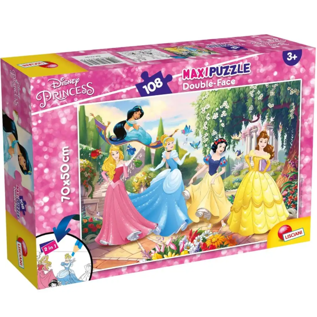 Disney Prinzessinnen 2-in-1 Puzzle mit 108 Teilen und Malvorlage 70x50cm – Lisciani