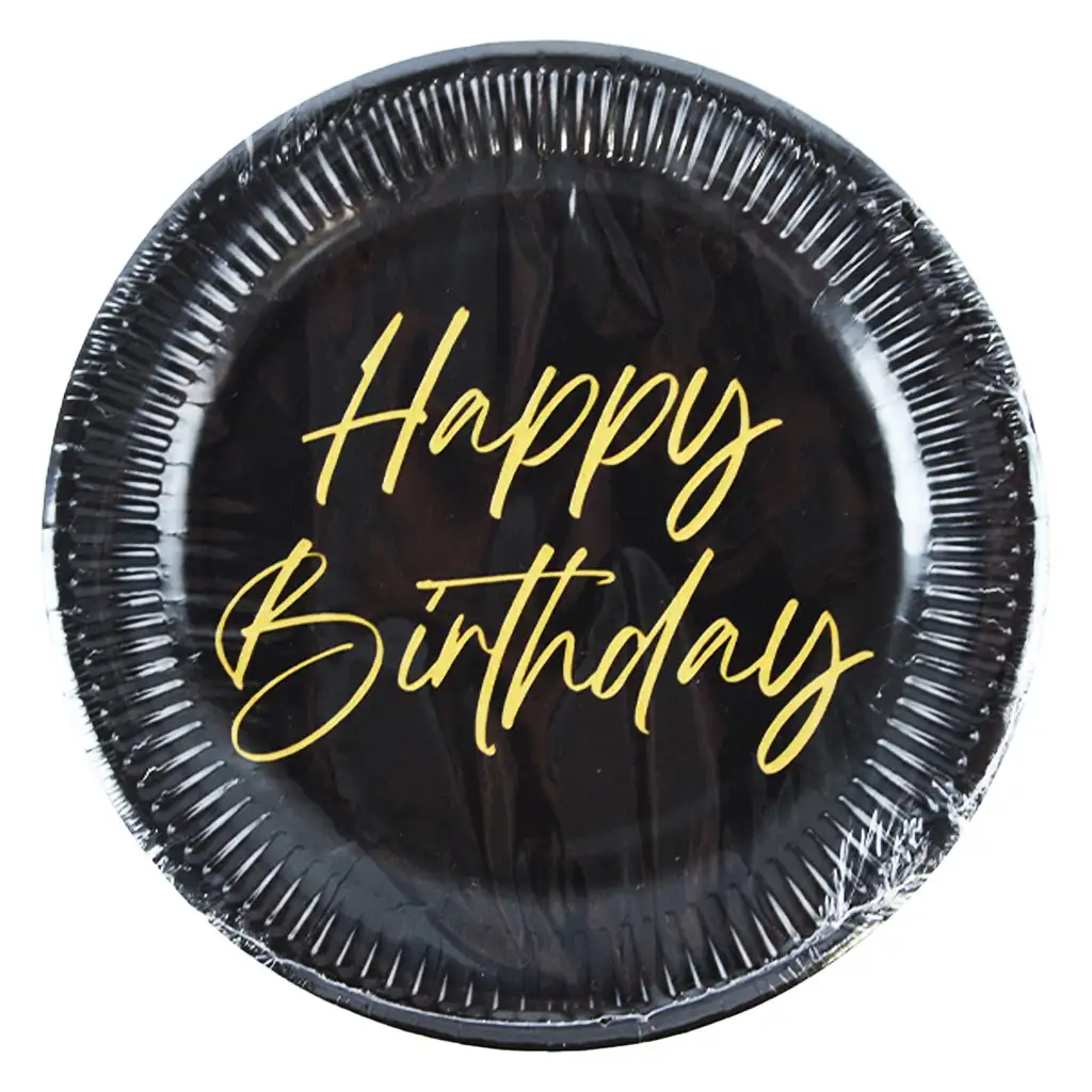 Elegante schwarz-goldene Pappteller mit der Aufschrift "Happy Birthday", 8er-Set, 23 cm