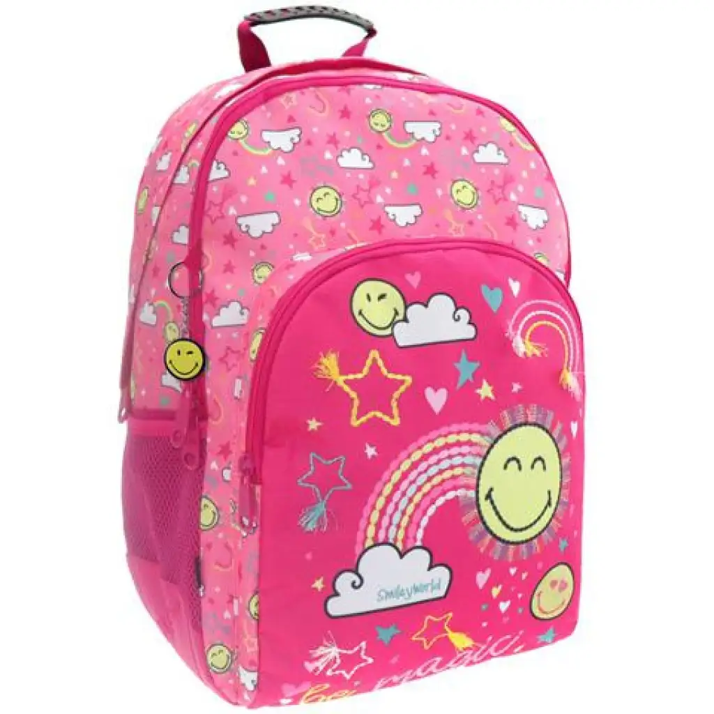 Emoji: Rosa Schultasche mit Smiley-Muster, Rucksack 33x16x45cm