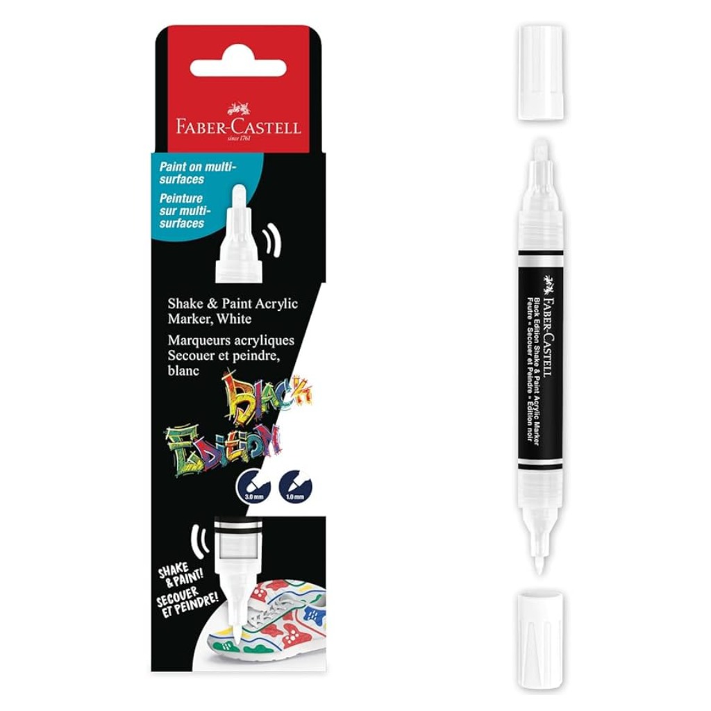 Faber-Castell: Black Edition Shake & Paint doppelseitiger weißer Marker mit 3 mm und 1 mm Spitze