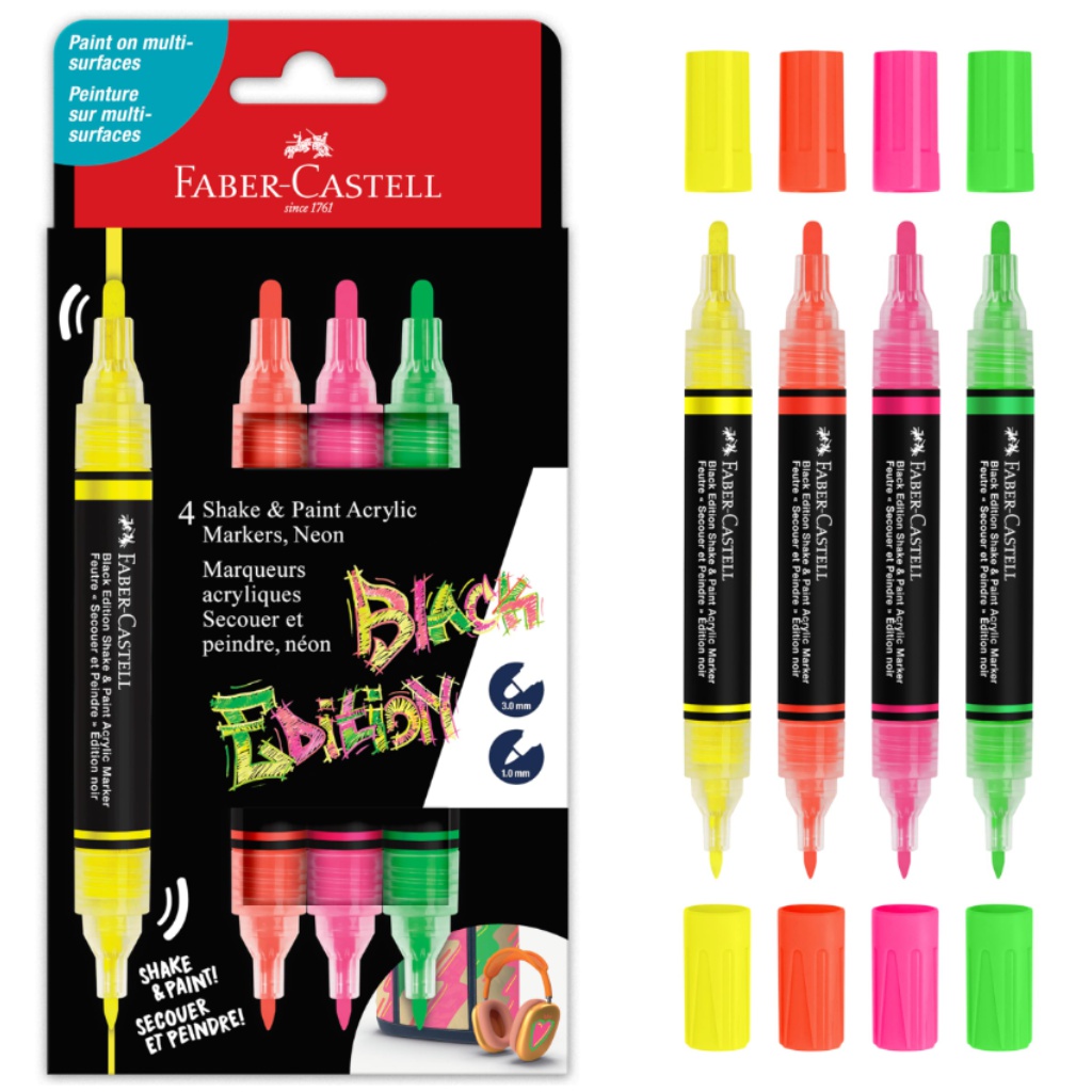 Faber-Castell: Black Edition Shake & Paint doppelseitiges Farbstift-Set, 4 Stück, 3 mm und 1 mm