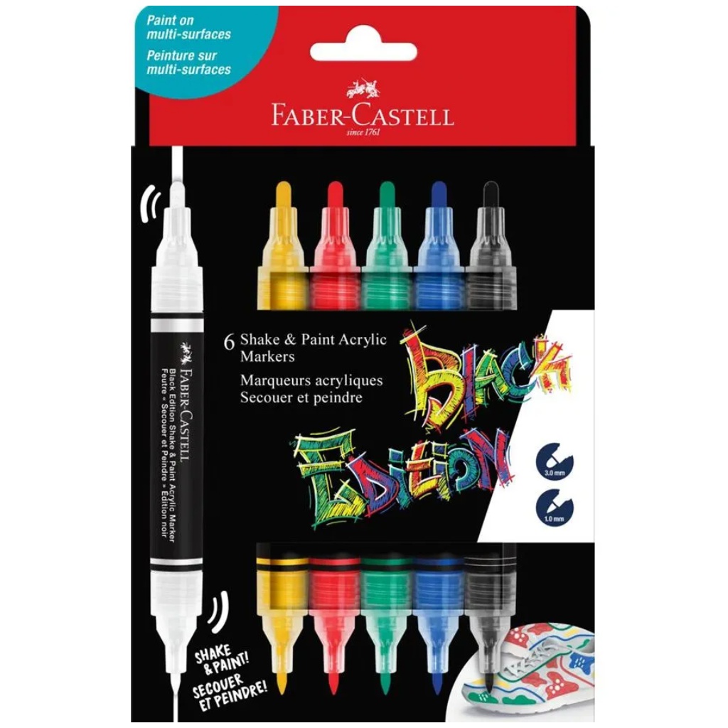 Faber-Castell: Black Edition Shake & Paint doppelseitiges Farbstift-Set, 6 Stück, mit 3 mm und 1 mm Spitzen
