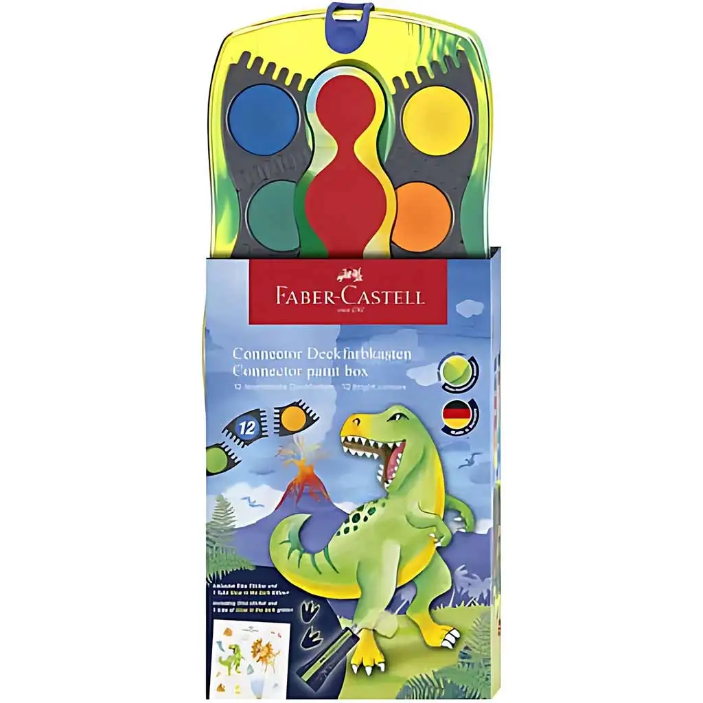 Faber-Castell: Connector 12er Wasserfarbenset mit zusammensteckbaren Paletten, Dinosauriermuster
