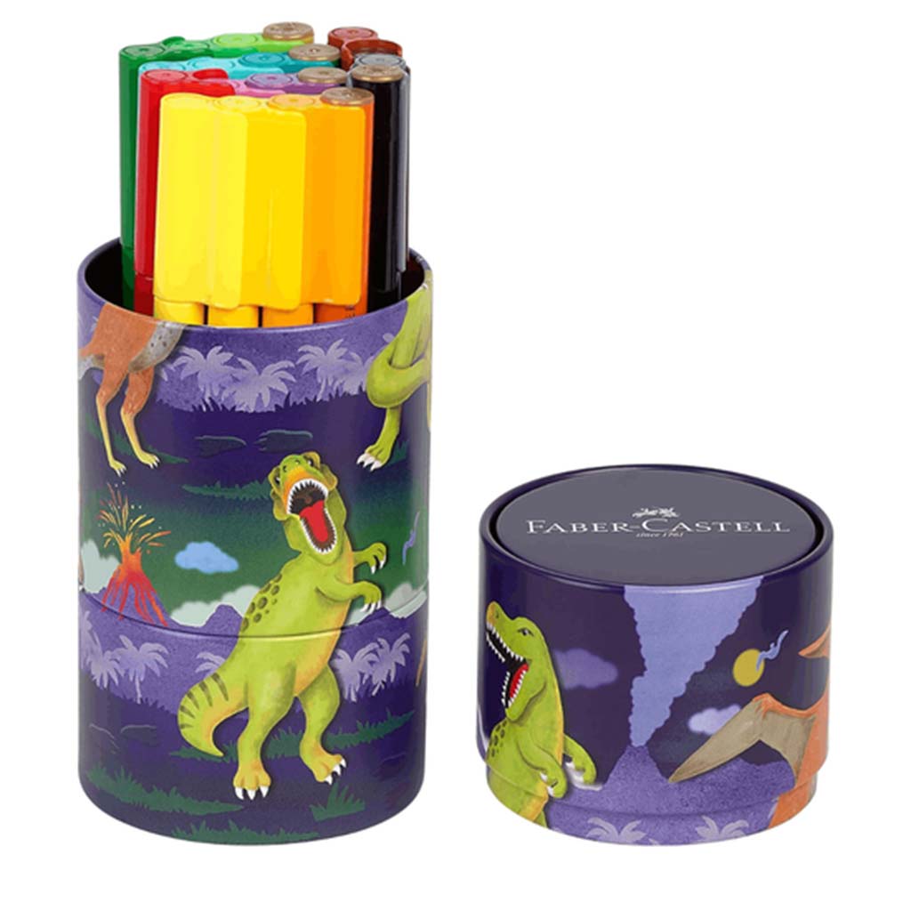 Faber-Castell: Connector Filzstift-Set – 20 Stück in zylindrischer Dose mit Dinosaurier-Motiv