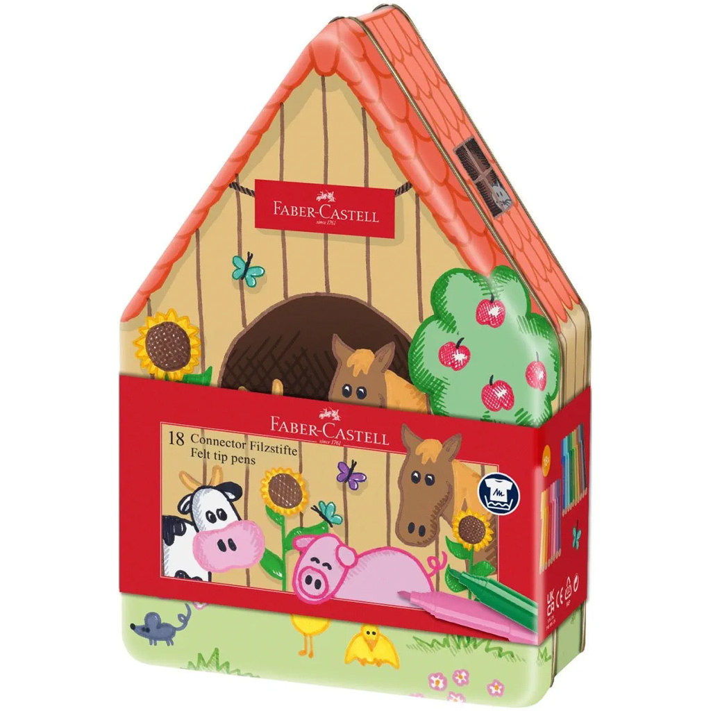 Faber Castell: Connector Filzstift-Set, 18 Stück, im Metall-Etui mit Bauernhof-Motiv
