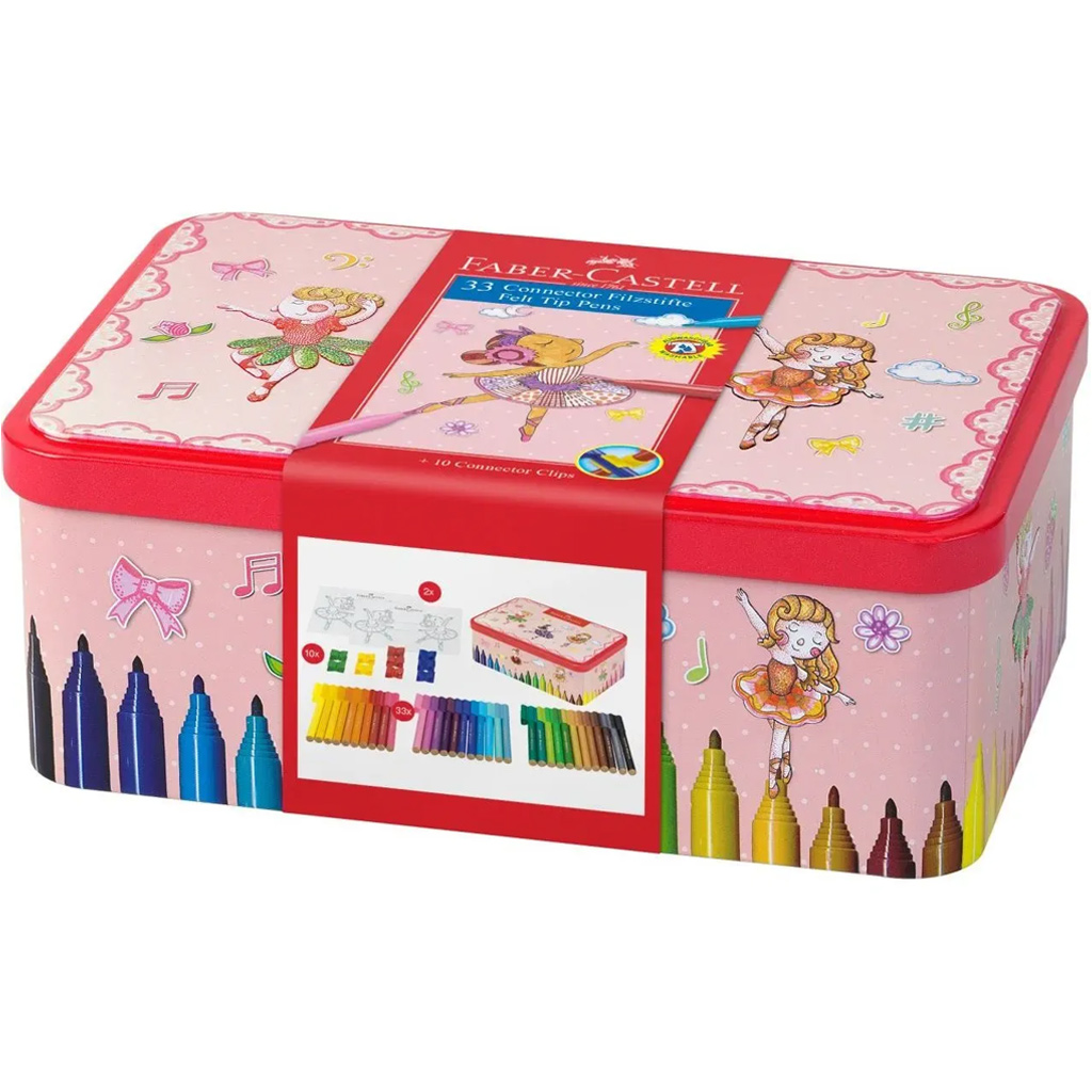 Faber Castell: Connector Filzstift-Set, 33 Stück, im Metalldöschen mit Ballerina-Motiv