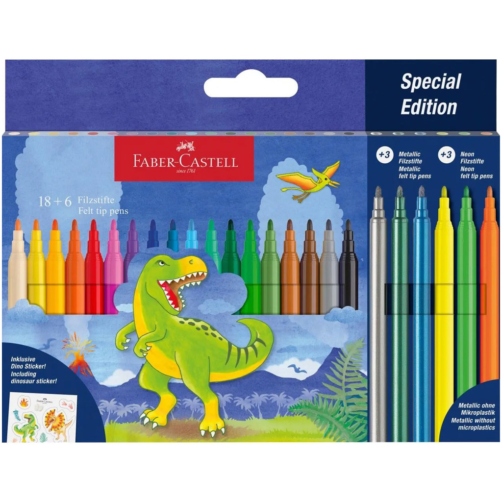 Faber-Castell: Dinosaurier-Filzstift-Set, 18+6 Stück Packung