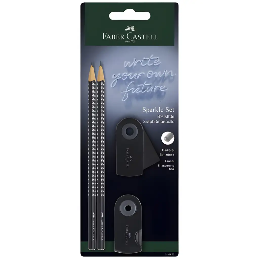 Faber-Castell: GRIP Sparkle 4er-Set schwarze Bleistifte mit Radiergummi und Anspitzer