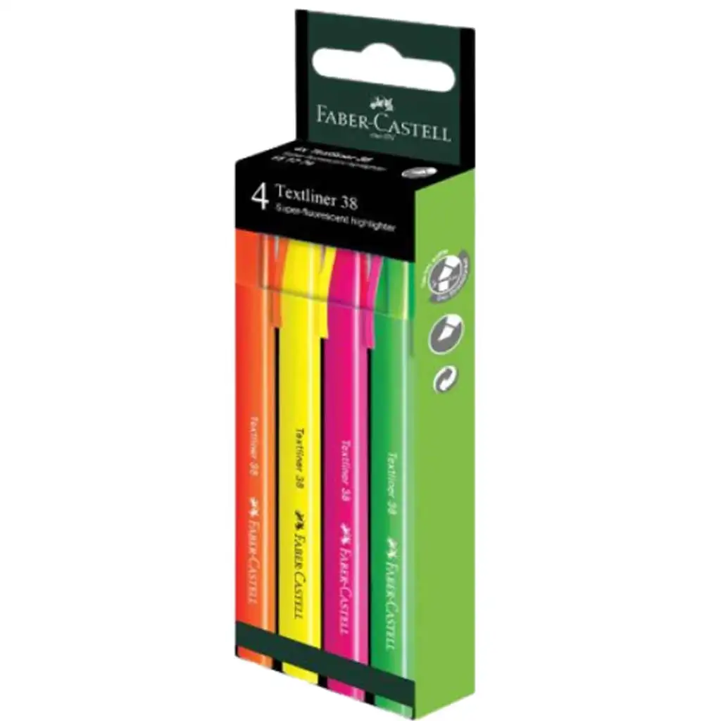 Faber-Castell: Textliner 38 Textmarker-Set mit fluoreszierenden Farben, 4er-Pack