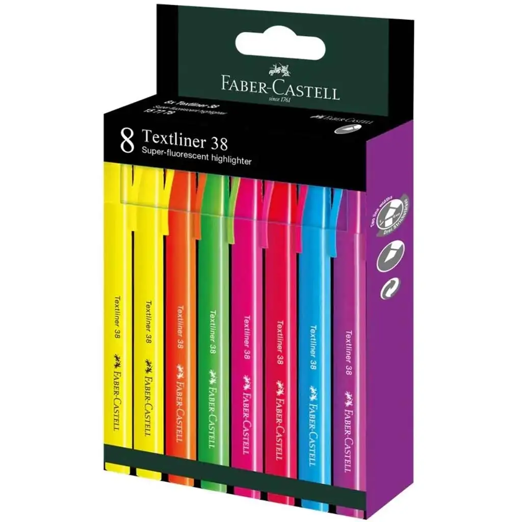 Faber-Castell: Textliner 38 Textmarker-Set mit fluoreszierenden Farben, 8er-Pack