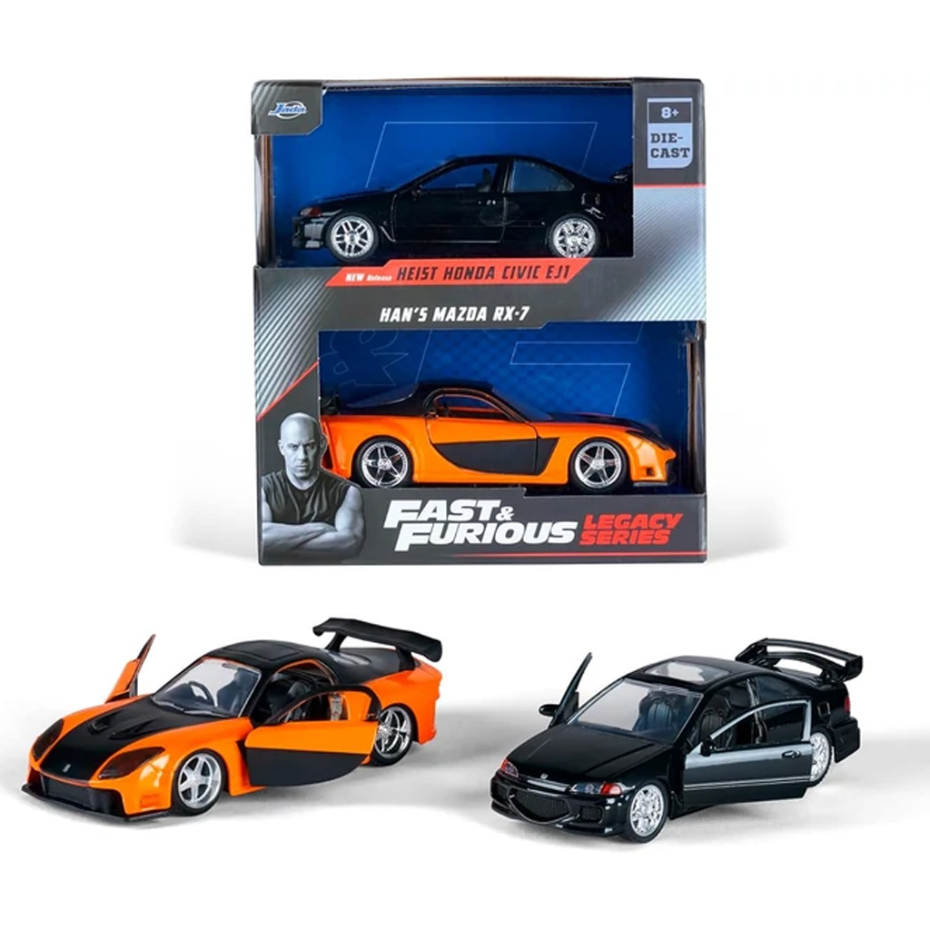 Fast & Furious: Legacy Series Han’s Mazda RX-7 & Heist Honda Civic Metall-Automodell-Set 1/32 – Jada Toys