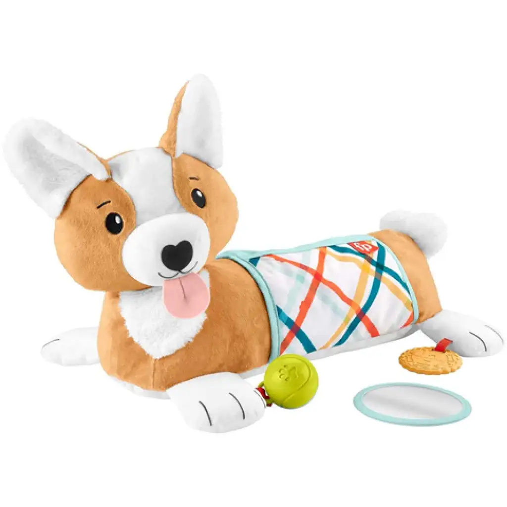 Fischer-Price: Corgie Puppy Wachs-mit-mir Bauchpolster mit Rassel, Beißring und Spiegel - Mattel kép 3