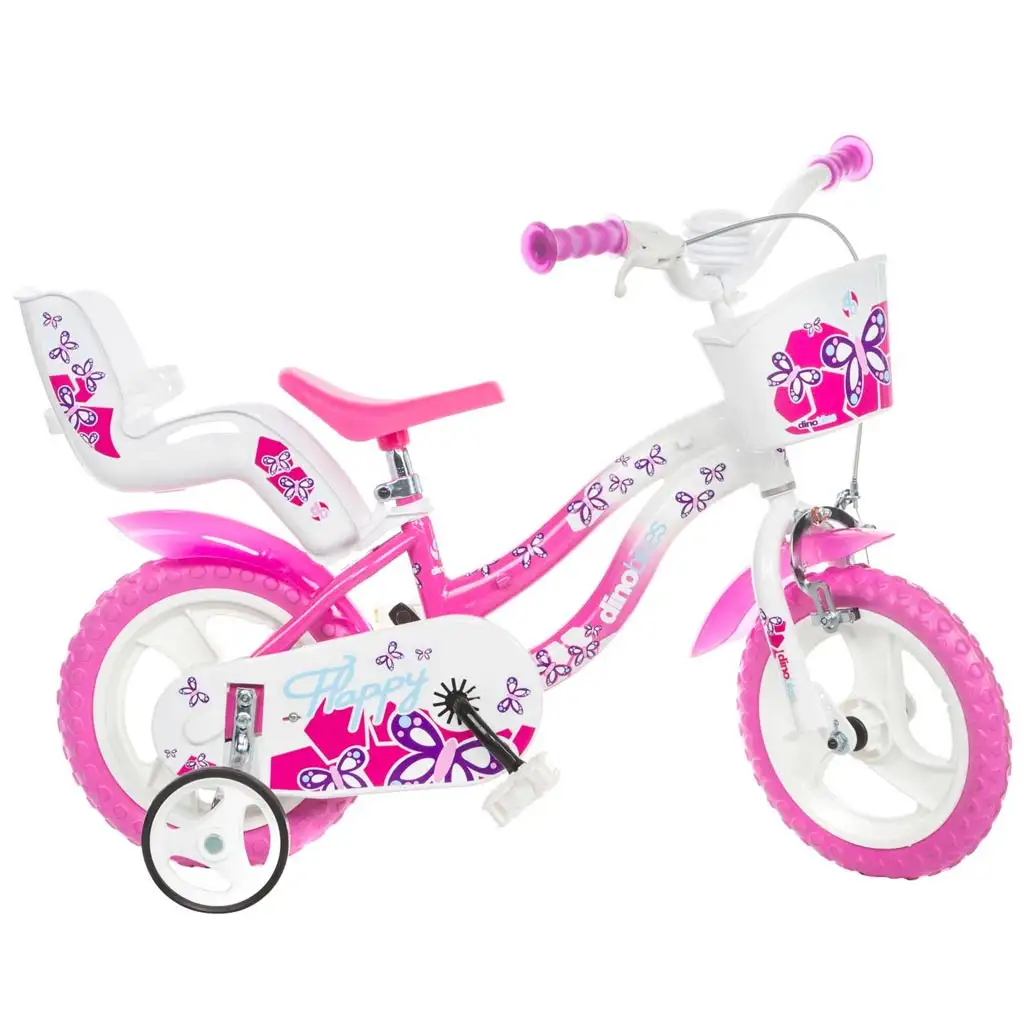 Flappy 12" Kinderfahrrad mit Korb und Puppensitz in Rosa-Weiß - Dino Bikes Fahrrad