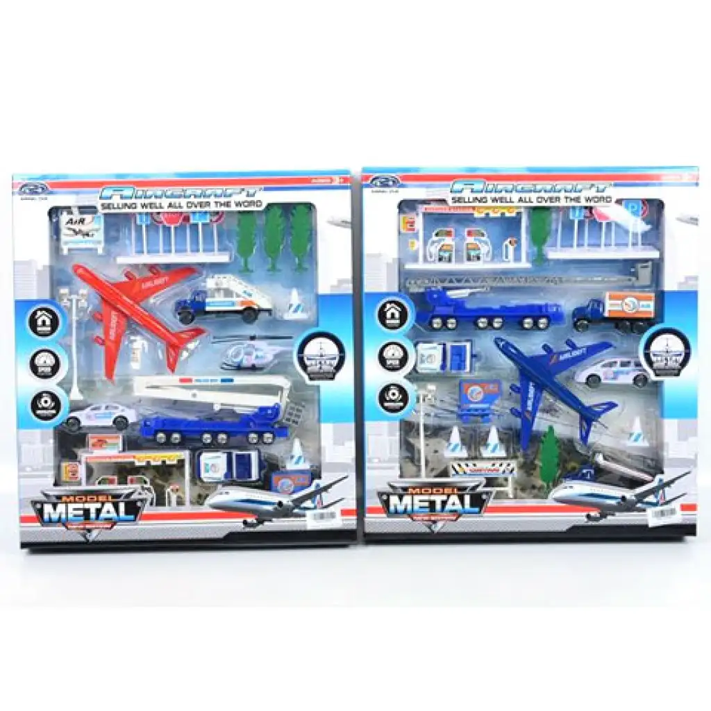 Flughafen-Spielset mit Flugzeugen und Schildern in zwei Varianten