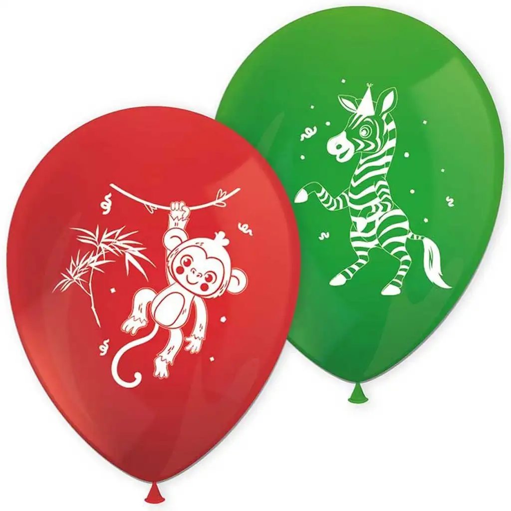Fröhliche Tiermotive rot-grüne Luftballons 8er-Set