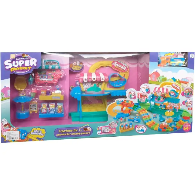 Fröhliche Zugstrecke mit Einkaufszentrum-Zubehör.