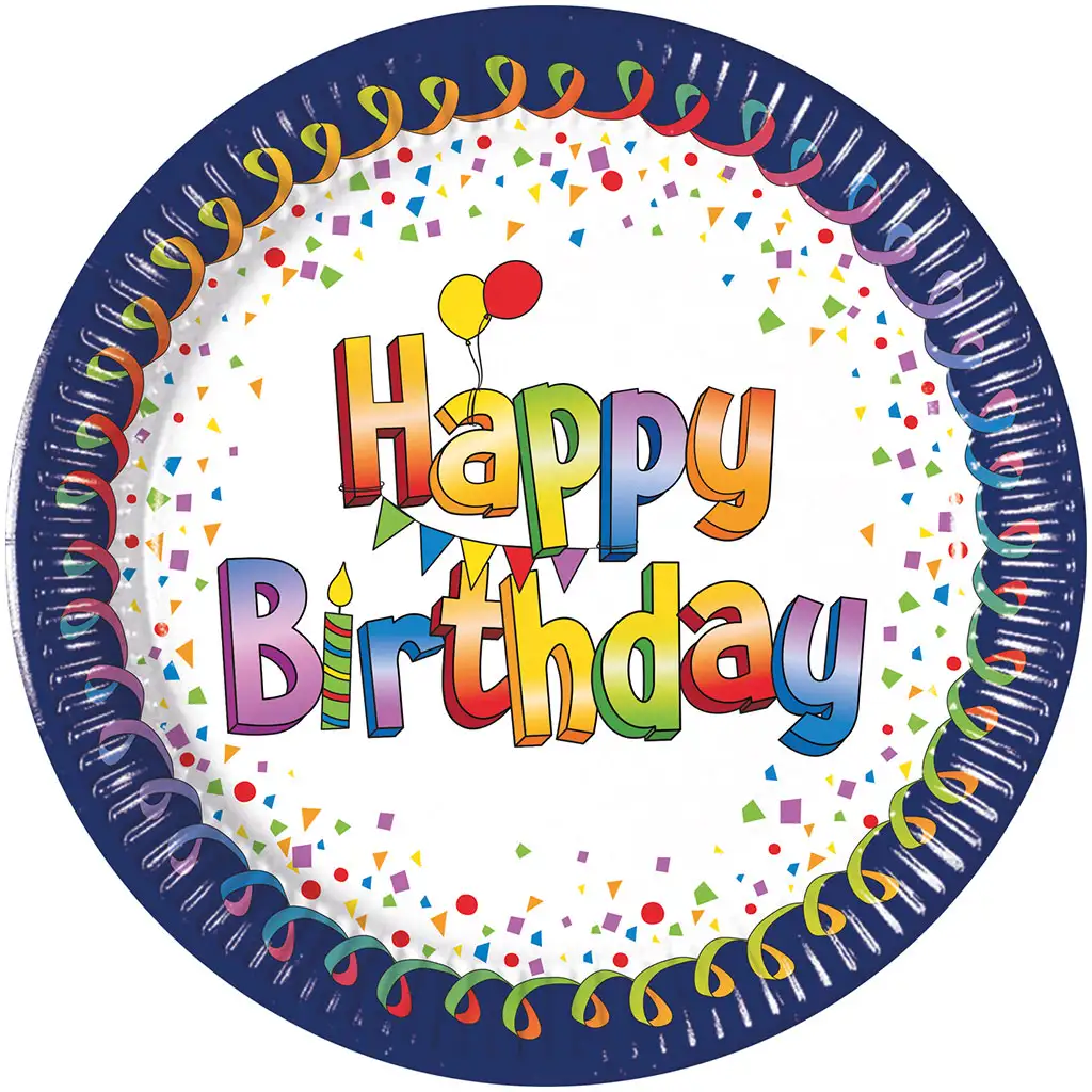 Fröhlicher blau-weißer Geburtstagspappteller mit „Happy Birthday“-Aufschrift, 8er-Set