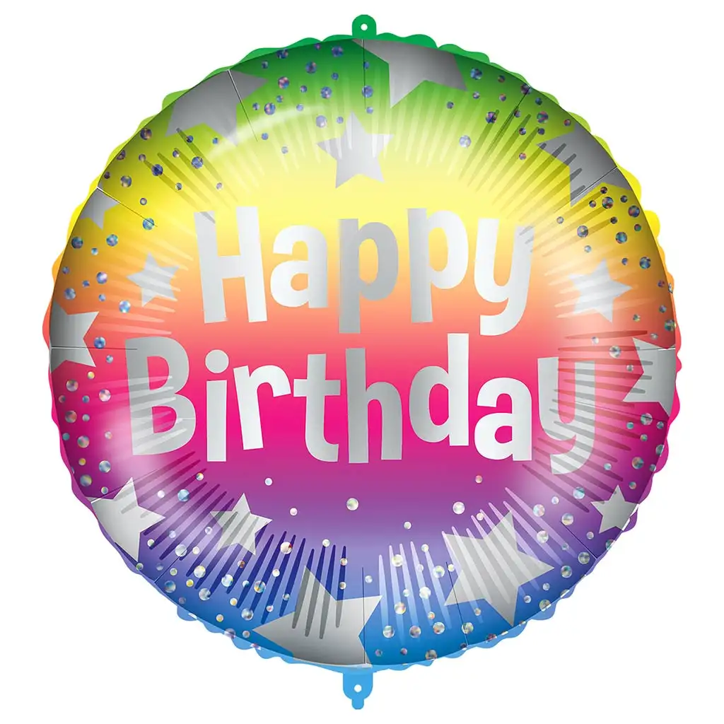 Geburtstags-Folienballon – mit „Happy Birthday“-Aufschrift, regenbogenfarbigem Sternenmuster, 46 cm