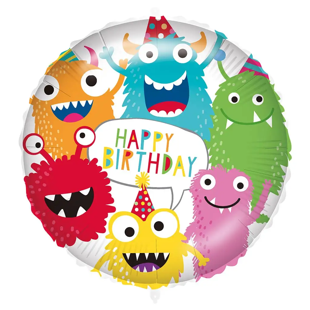 Geburtstags-Folienballon – mit der Aufschrift „Happy Birthday“, buntes Monster-Muster, 46 cm